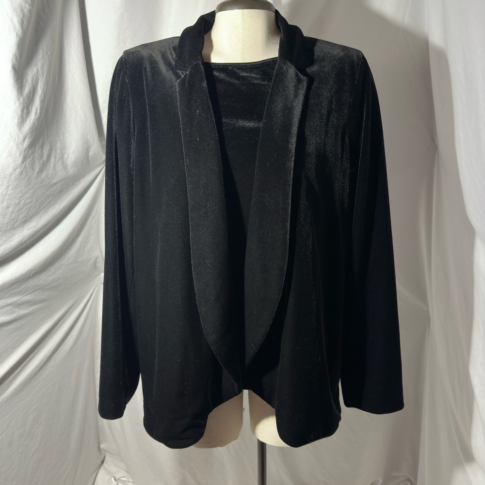 CHICOS Black Velvet Open Front Blazer Jacket Size 2 Large Holiday Evening